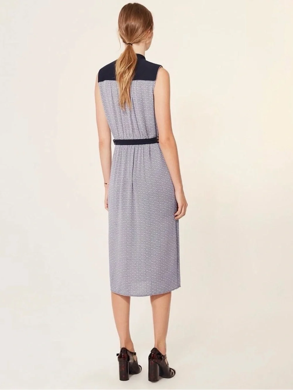 Tory Burch Rampling Silk Gemini Link Belted Midi Dress Size 6 Blue Black